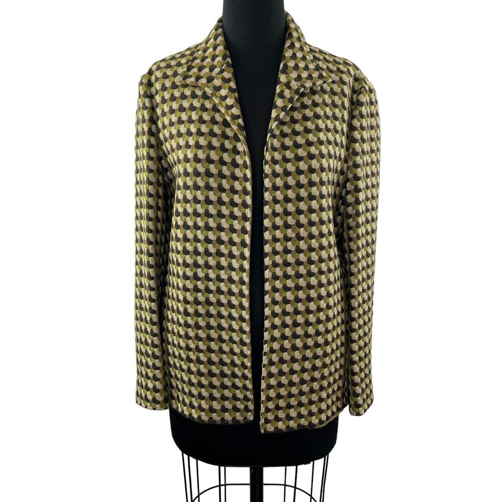 ZANELLA Green Jacket Geometric Wool Open Front Collared Single Breasted 10 ITALY